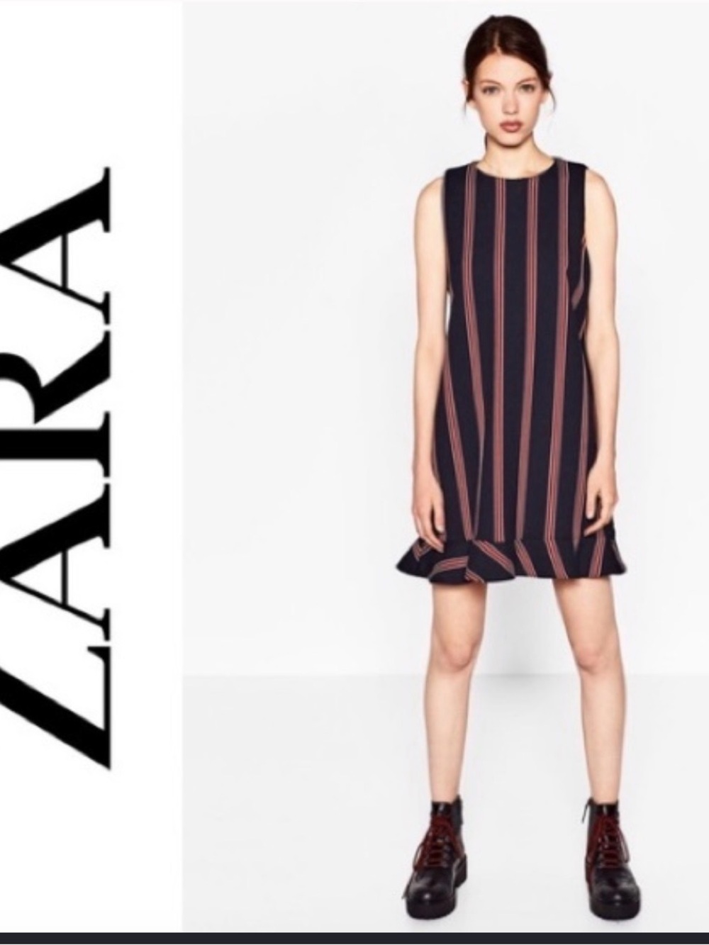 ZARA Navy Stripe Trafaluc Sleeveless Ruffle-Hem Dress size small